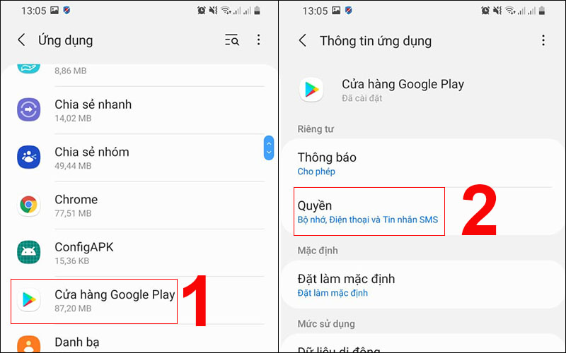 Chọn quyền ứng dụng